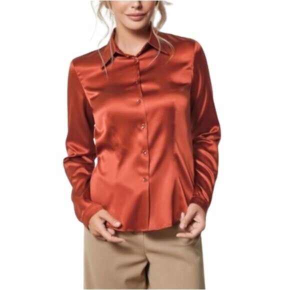 Aritzia Babaton Sable Satin Orange Button Up Shirt Women's Size M - Picture 1 of 13